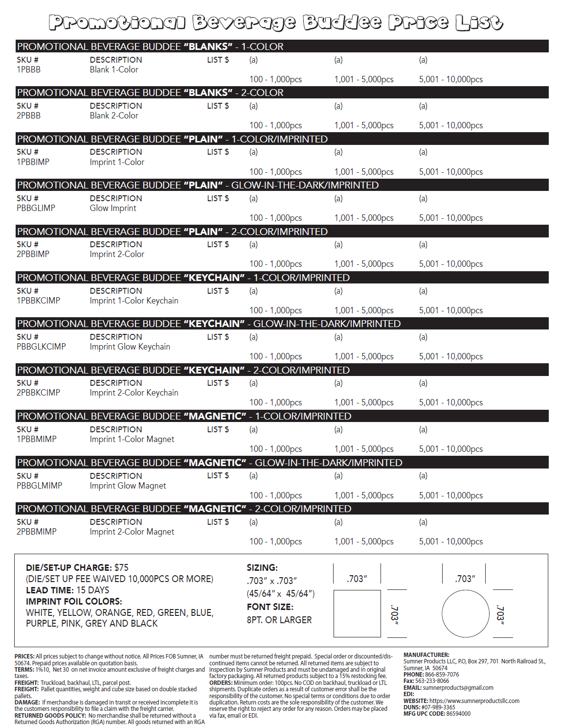 Sumner Products LLC - Promotional Flyer Pricing
